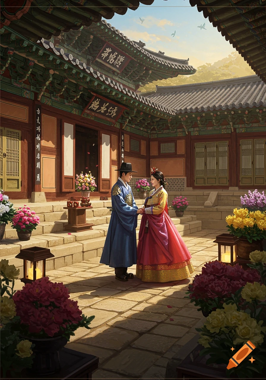 A couple in traditional Korean hanbok holding hands in the courtyard of a traditional Korean palace, surrounded by flowers.