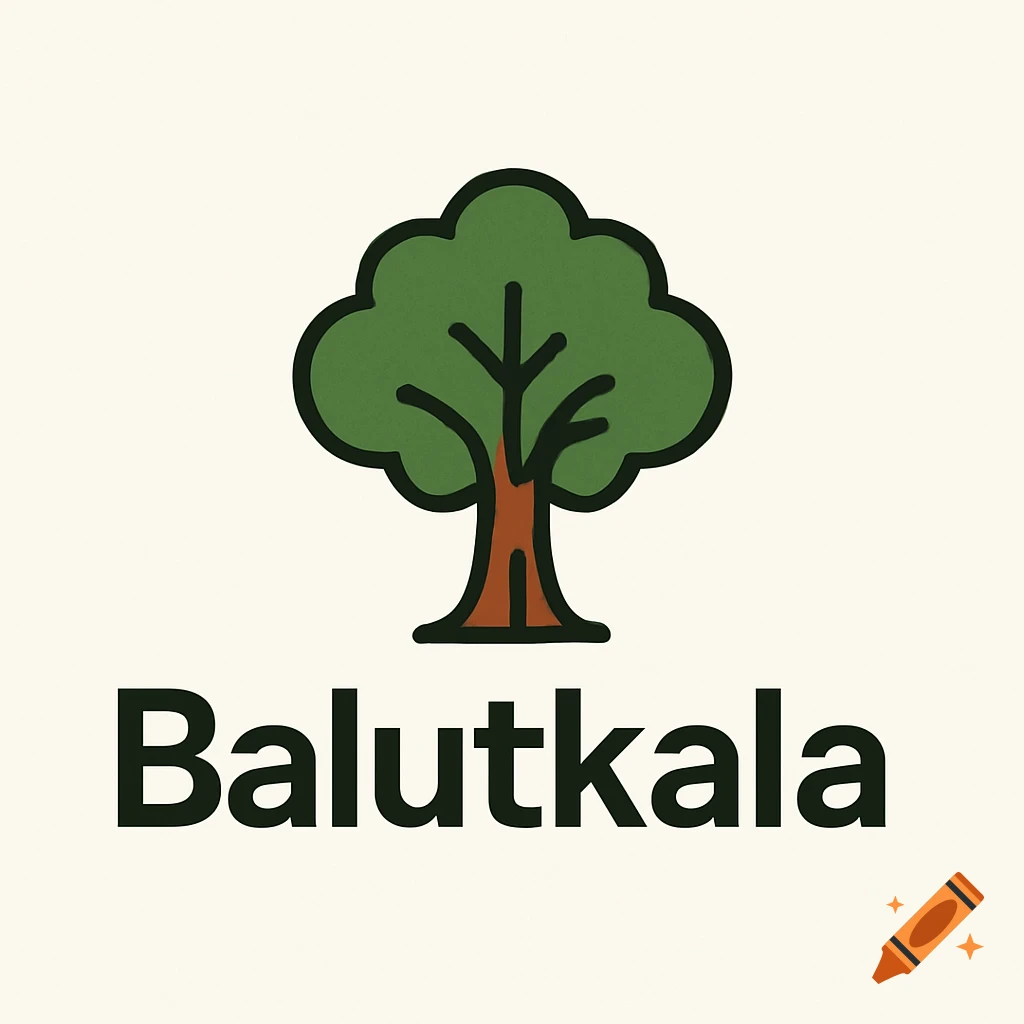 A minimalist logo featuring a stylized green tree with a brown trunk above the bold black text 'Balutkala' on a cream background.
