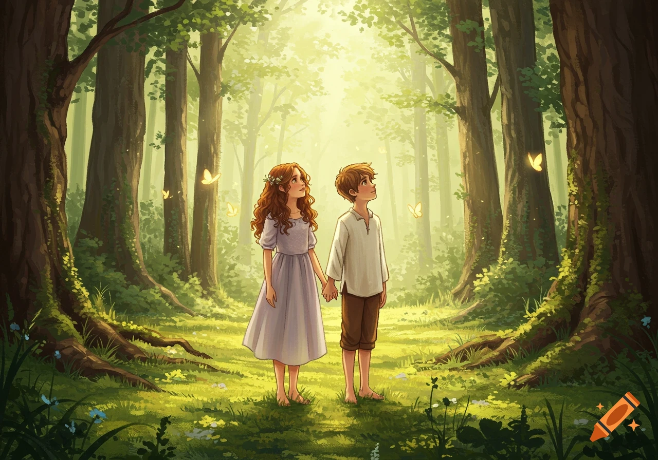 A digitally illustrated boy and girl holding hands, looking up in an enchanted, sunlit forest with butterflies.