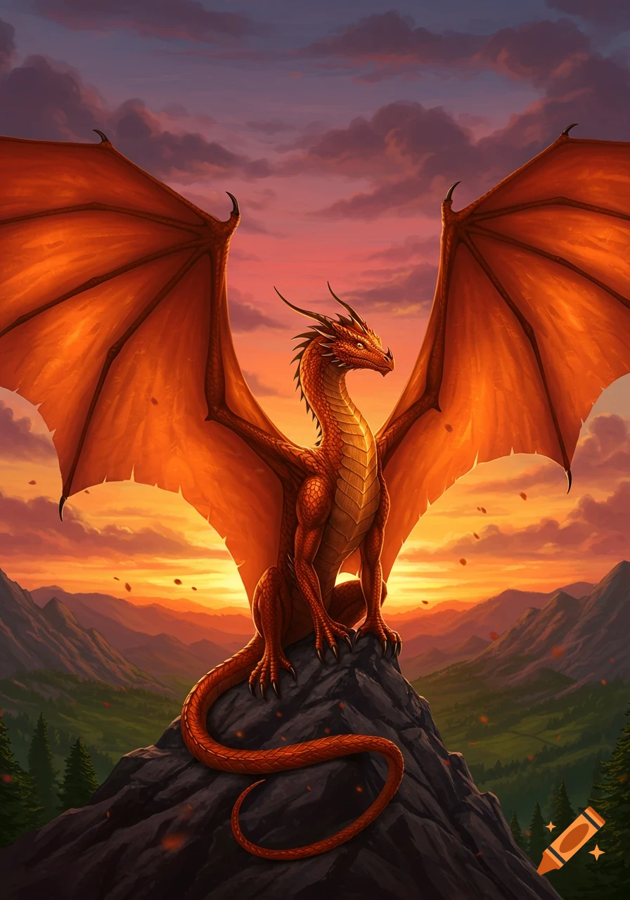 A majestic orange dragon with wide wings perched on a mountain peak against a vibrant sunset.