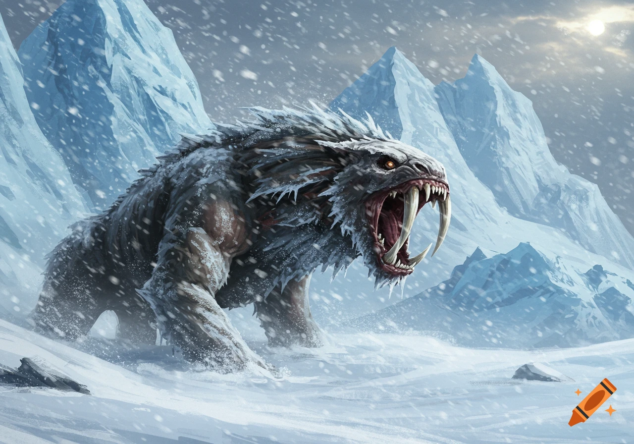 A fierce, fanged saber-toothed creature roars in a snowy, icy mountain landscape with a stormy sky.
