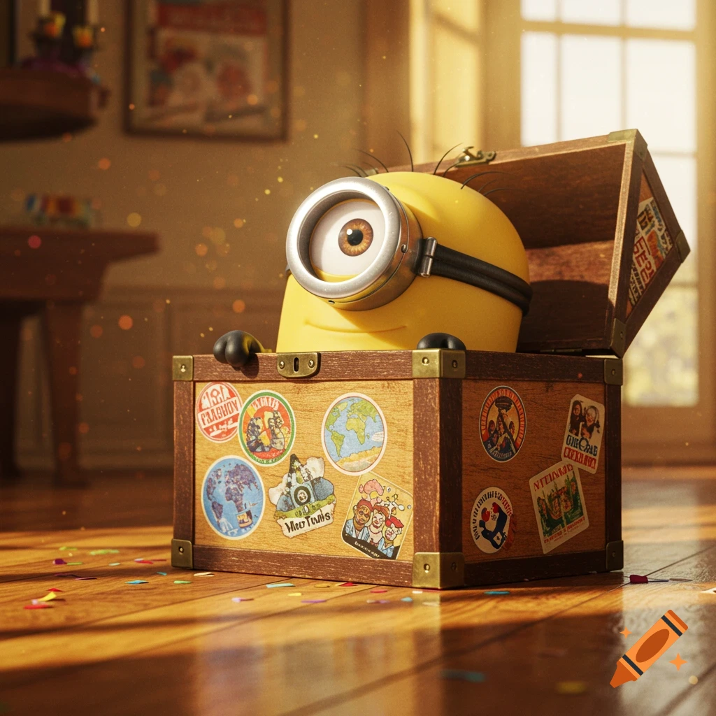 A Minion peeks out of a wooden treasure chest covered in travel stickers, surrounded by confetti on a sunlit wooden floor in a cozy room.