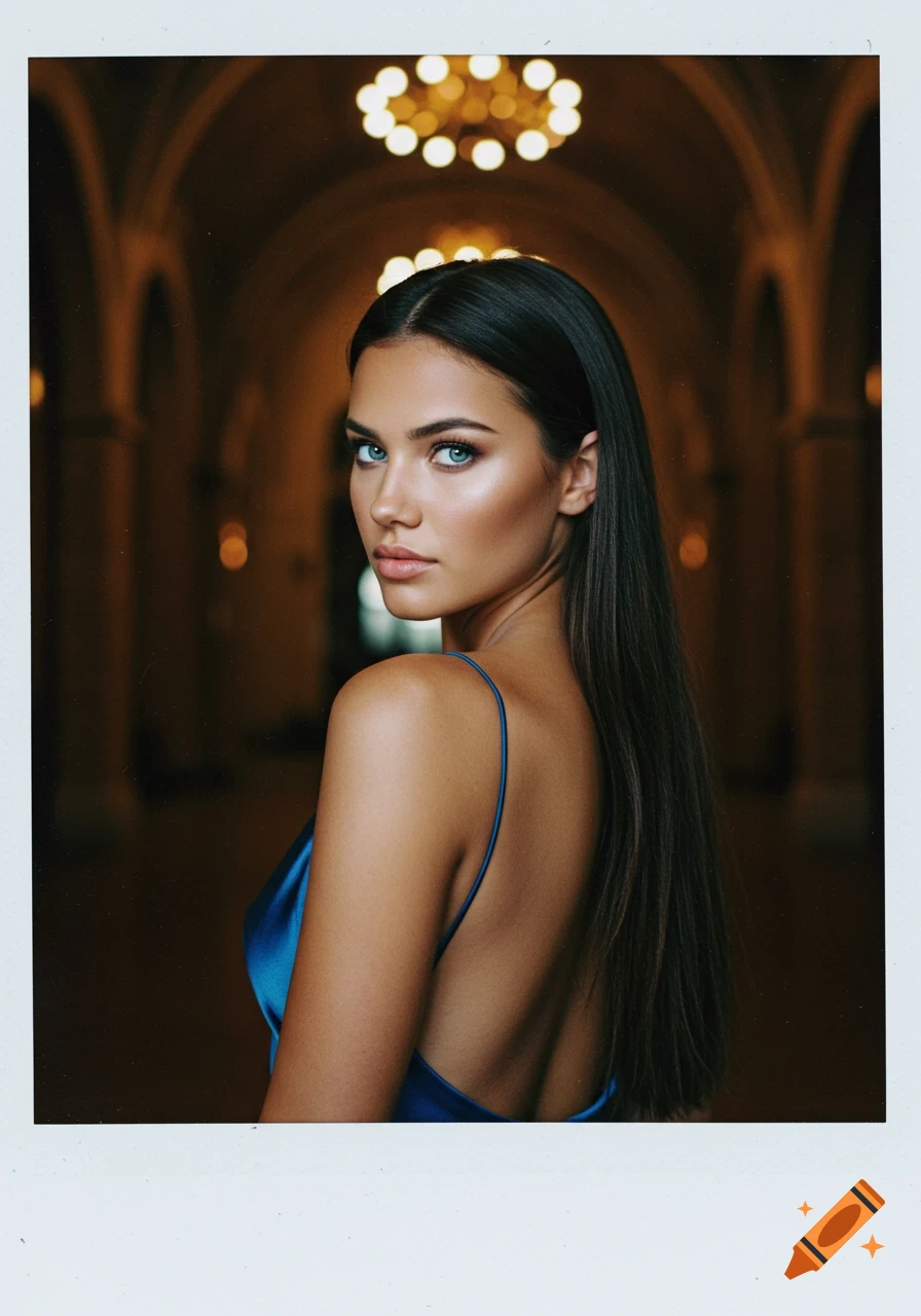 A stunning woman with blue eyes and long dark hair, wearing a blue satin backless dress, looking over her shoulder in a vintage Polaroid-style flash photo.
