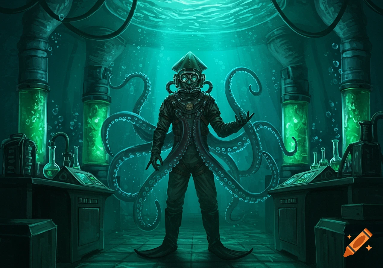 A man in a retro deep-sea diving suit with octopus tentacles stands in a glowing green underwater lab, gesturing.