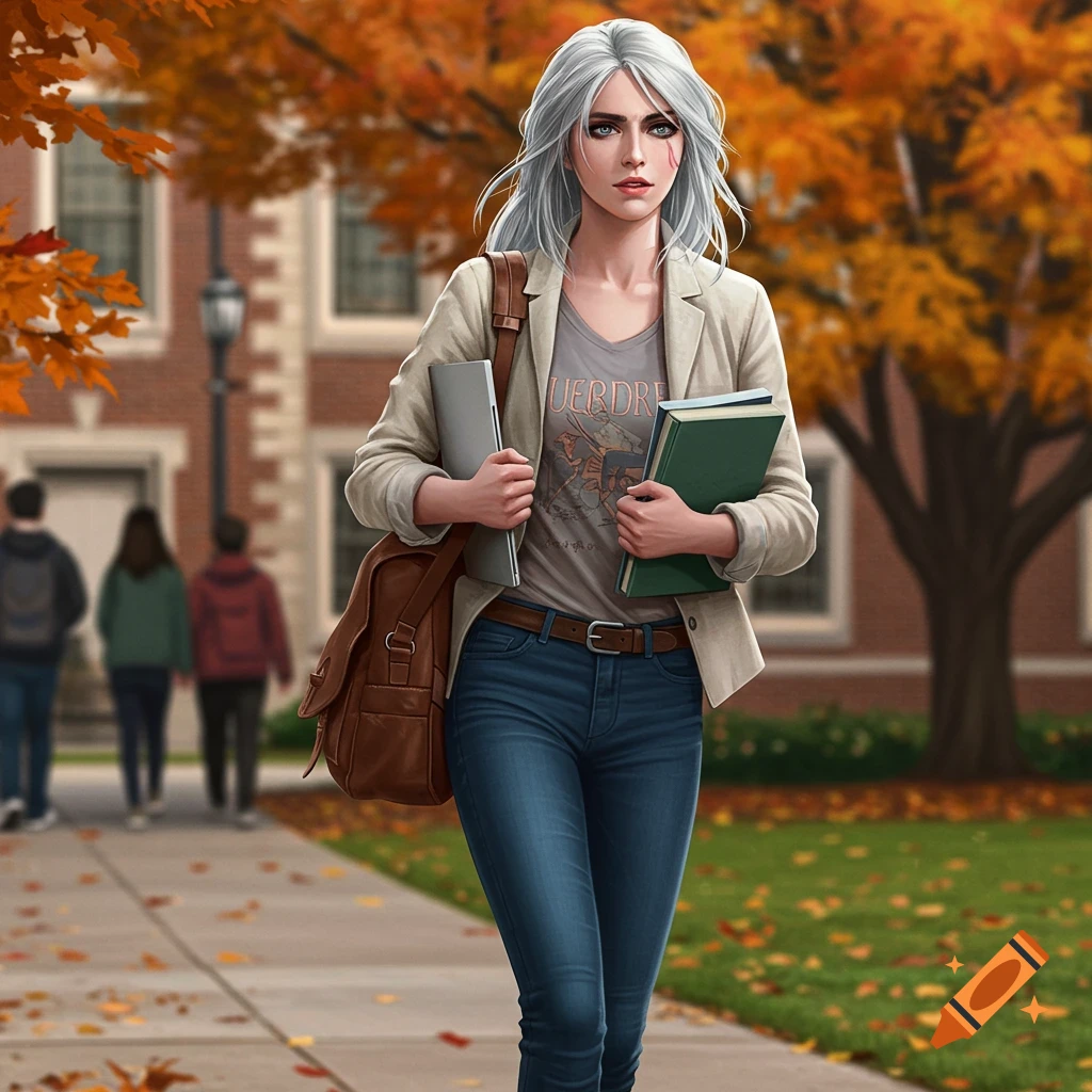 Digital art of Ciri, a white-haired woman with a scar, walking on a college campus sidewalk in autumn, carrying books and a laptop.