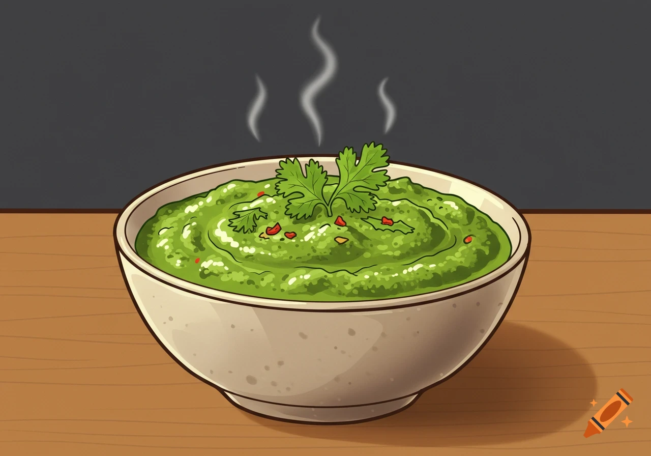 A cartoon illustration of a steaming bowl of green chutney garnished with cilantro and red flakes on a wooden table.