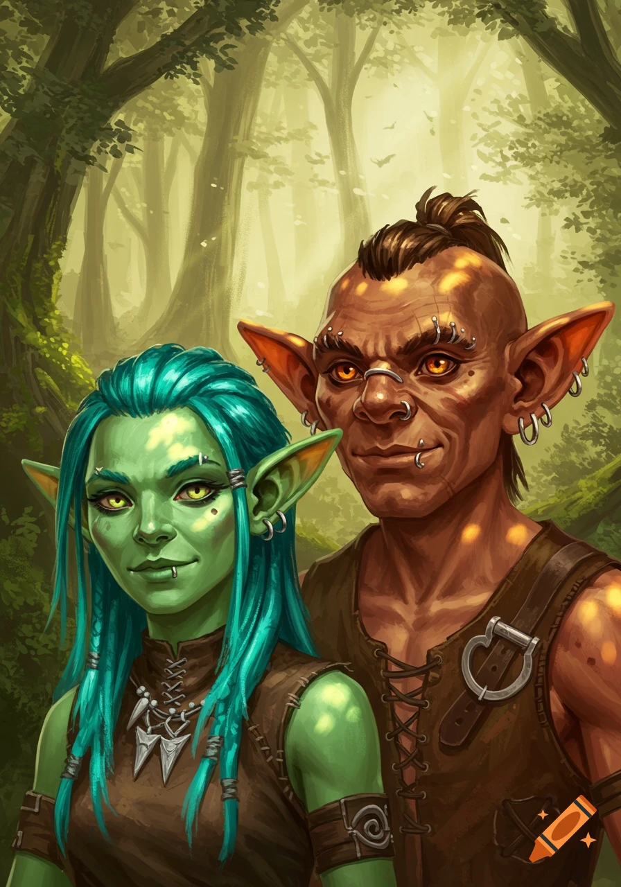 Fantasy oil painting portrait of two goblin-like characters: a green-skinned female with blue hair and a brown-skinned male with many piercings, against a forest background.