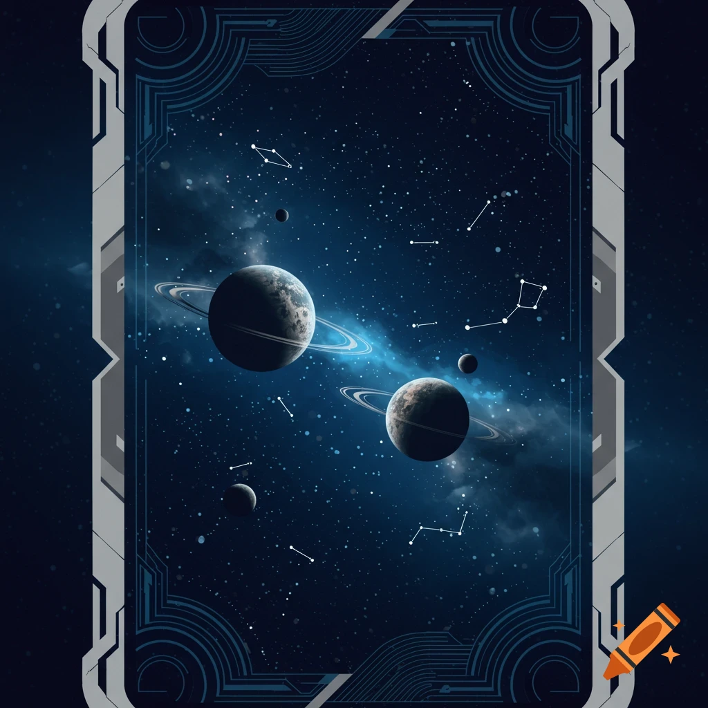 A stylized card back featuring multiple ringed planets, moons, and constellations in a deep blue space scene.
