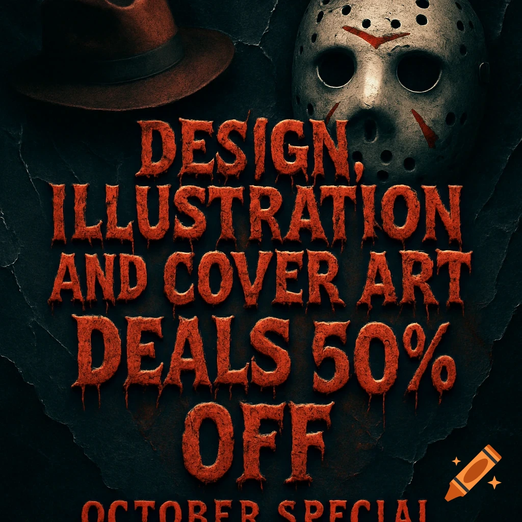 A horror-themed promotional flyer with Freddy Krueger's hat and Jason Voorhees' mask. Text in blood-red, claw-like font reads: "DESIGN, ILLUSTRATION AND COVER ART DEALS 50% OFF. OCTOBER SPECIAL".