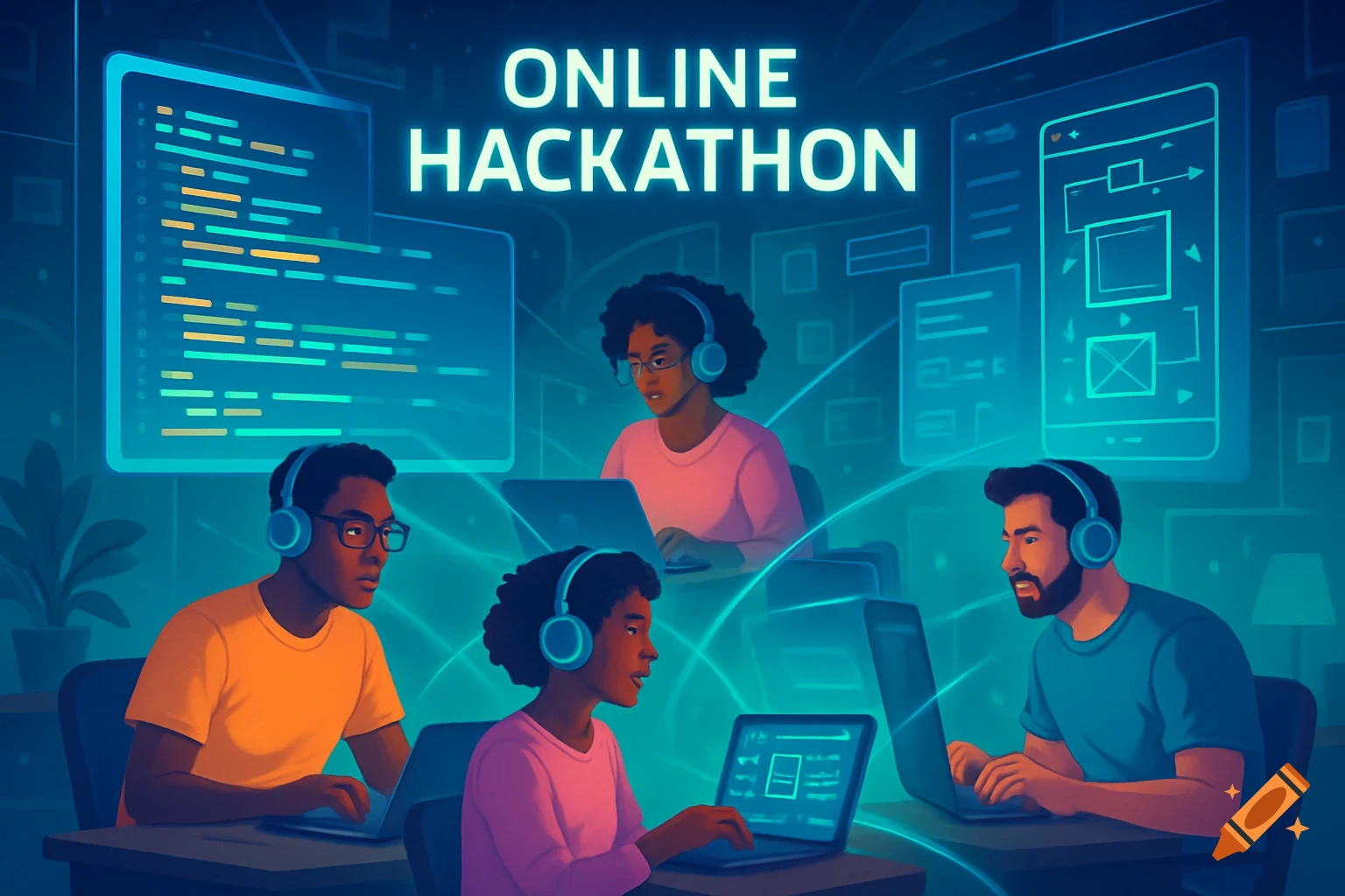 Stylized illustration of four diverse people with headphones working on laptops, under "ONLINE HACKATHON" text in a blue digital environment.
