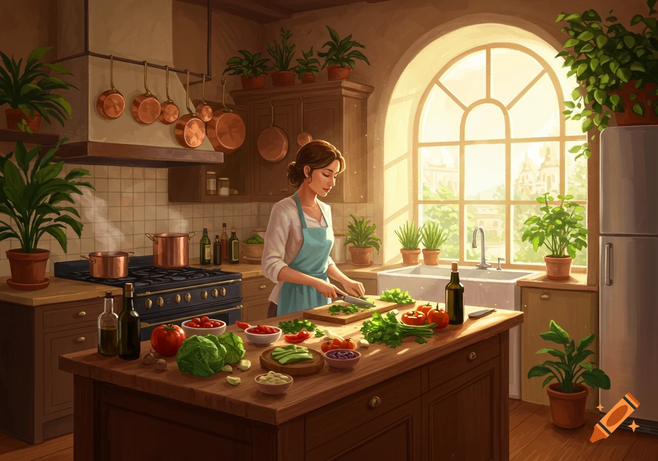 A woman in a sunlit kitchen chops vegetables on a wooden island, with pots on the stove and plants. Painterly style.