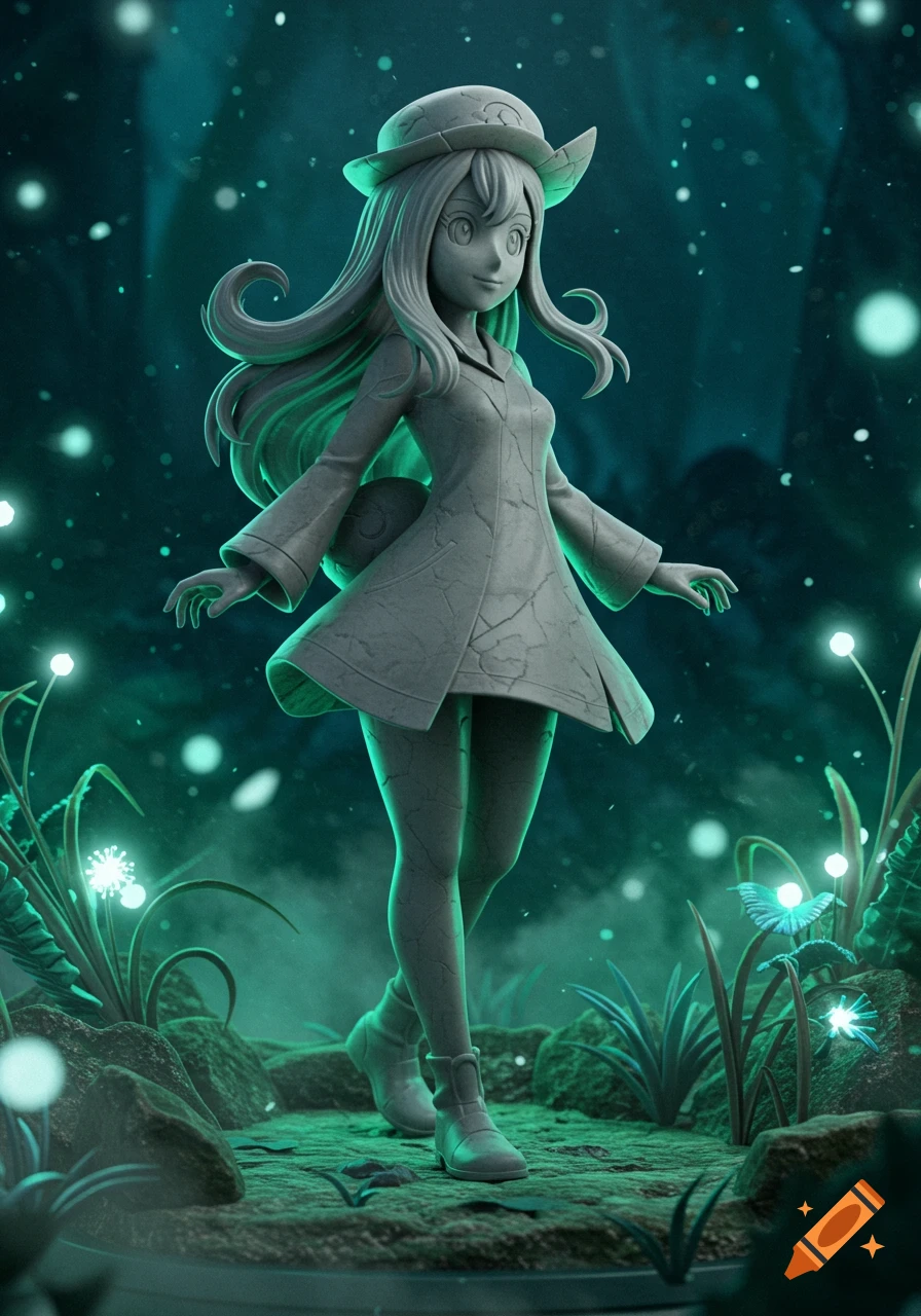 A stone statue of Chloe from Pokémon stands in a glowing, mystical green forest with glowing plants and butterflies.