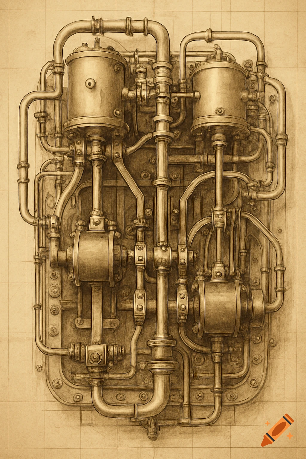 Intricate sepia-toned schematic drawing of steam-powered industrial machinery with pipes and tanks.