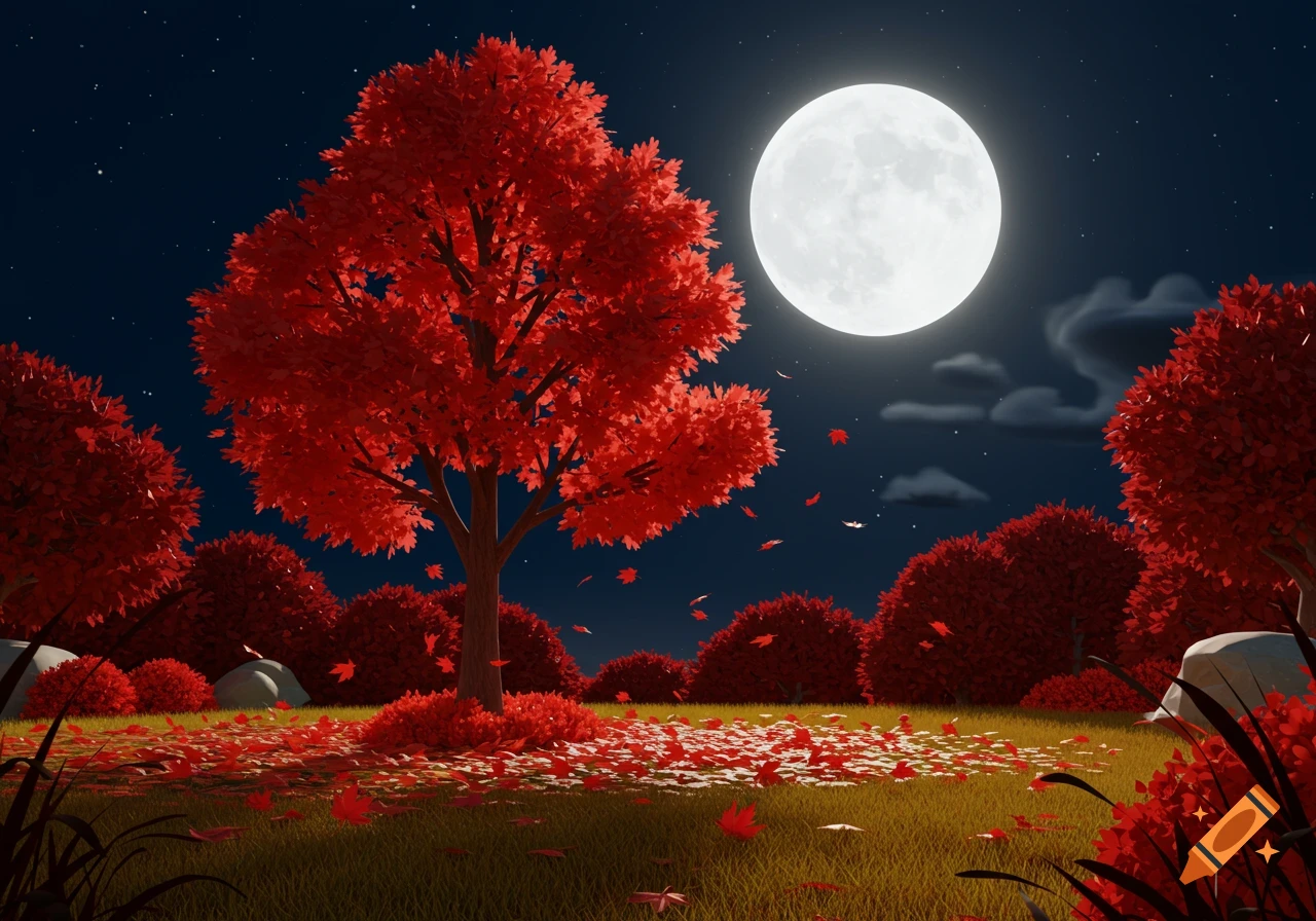 A cartoon-like autumn night with a prominent red maple tree, red leaves on the ground, a large full moon, and starry sky.