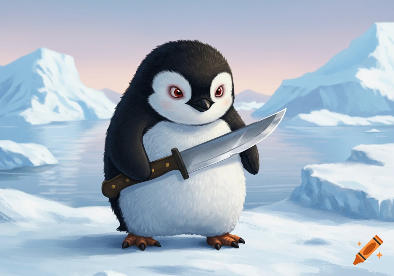 A cute, angry cartoon penguin with red eyes stands on ice, holding a large knife, with icebergs and water in the background.
