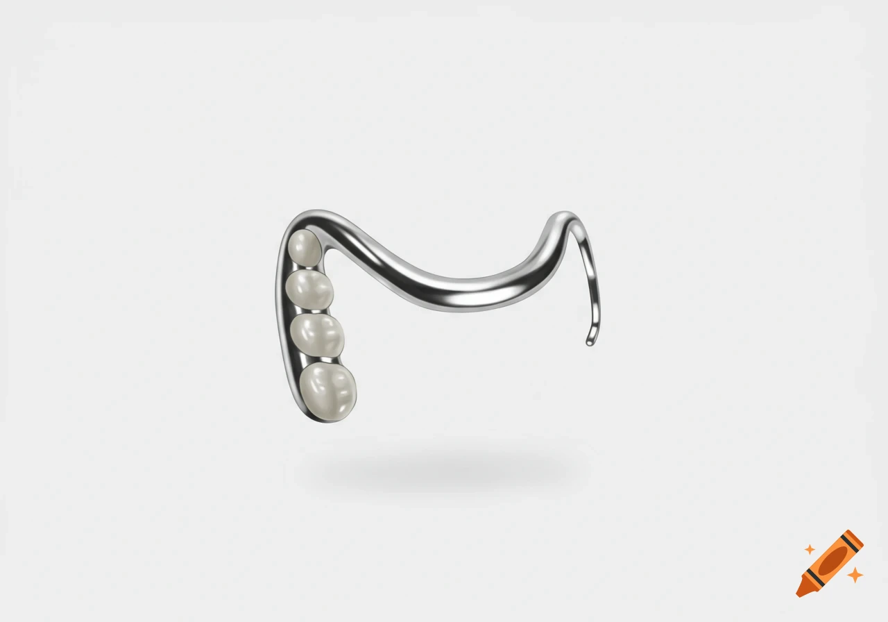 A polished silver-metallic curved dental-like appliance with four smooth, white oval forms embedded, floating on a white background.