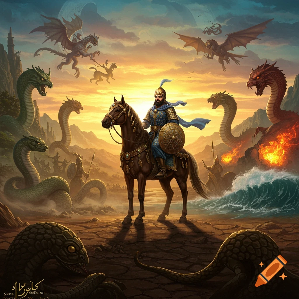 An epic fantasy painting of a warrior on horseback surrounded by giant snakes and flying dragons under a dramatic sunset sky.