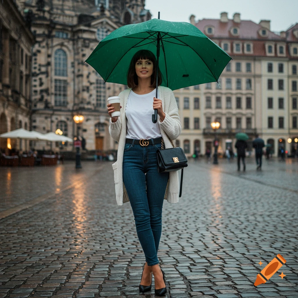 A brunette woman in a white t-shirt, jeans, and a white cardigan holds a green umbrella and coffee cup on a rainy cobblestone street.