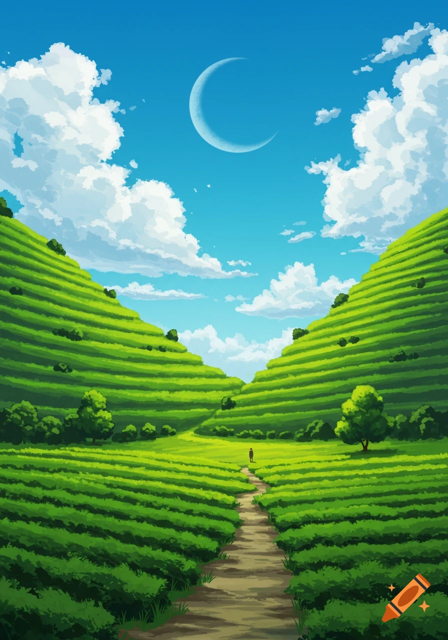 Illustrated scenic landscape with terraced green hills, a winding path, a distant person, a crescent moon, and a bright blue sky with clouds.