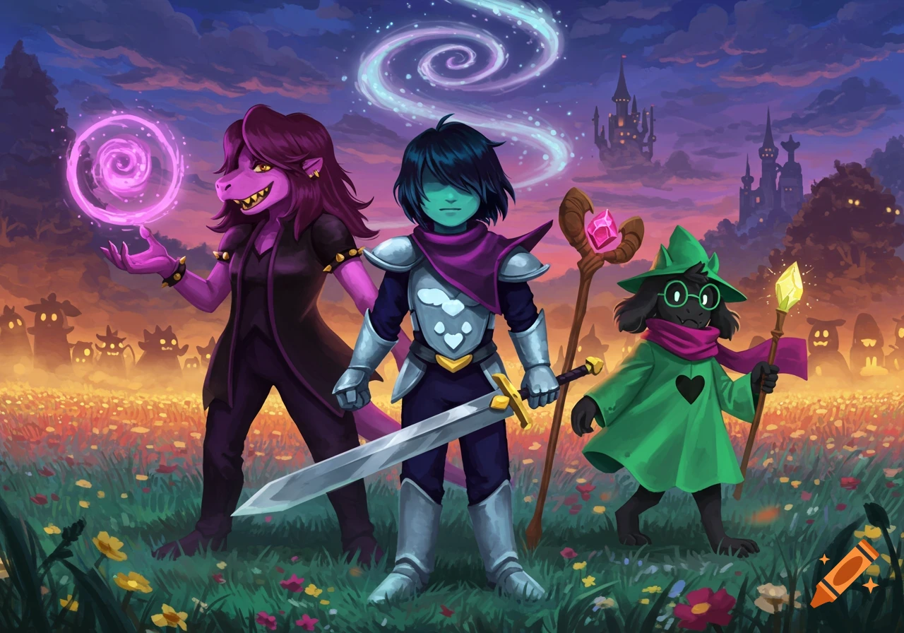 Three Deltarune characters, Susie, Kris, and Ralsei, stand in a vibrant flower field at sunset with a castle in the background. Susie holds a magic swirl, Kris a sword, and Ralsei a staff.