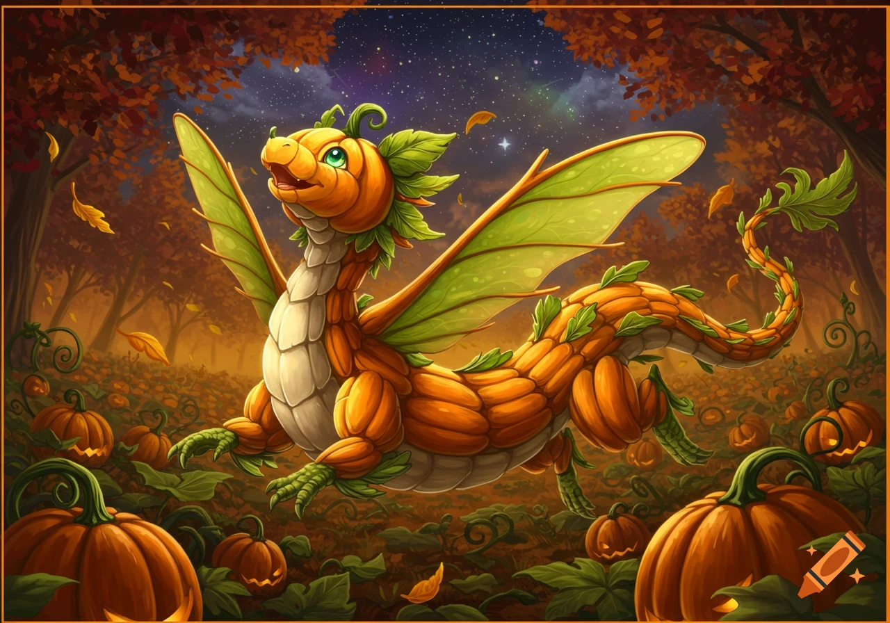 An adorable, cartoonish pumpkin dragon with green wings floats in an autumn pumpkin patch under a starry night sky.