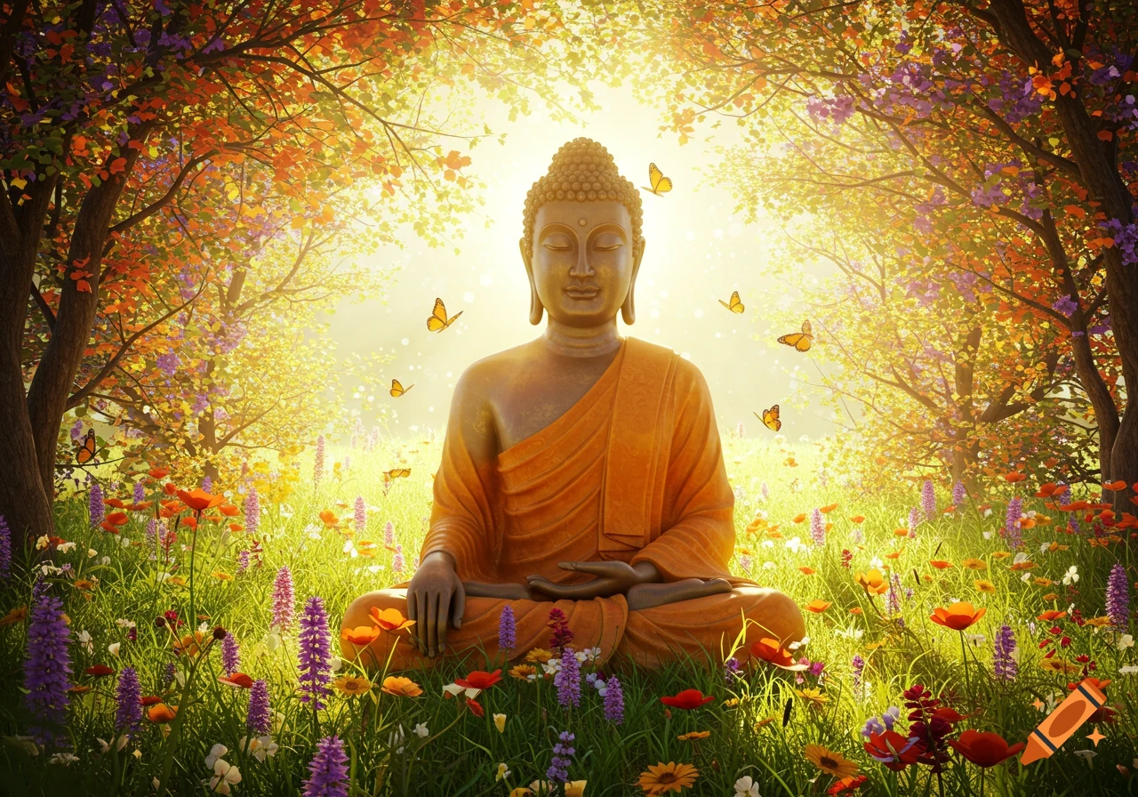 A serene Buddha statue meditates in a vibrant, sunlit flower meadow filled with colorful wildflowers and butterflies.