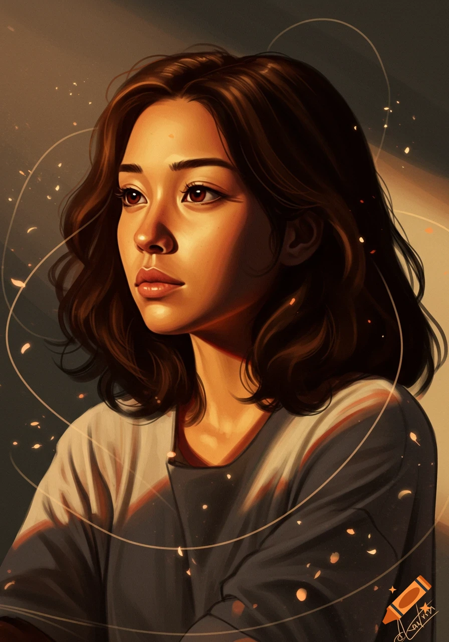 Semi-realistic digital illustration portrait of a calm woman with dark wavy hair and warm brown eyes, bathed in soft light with abstract elements.