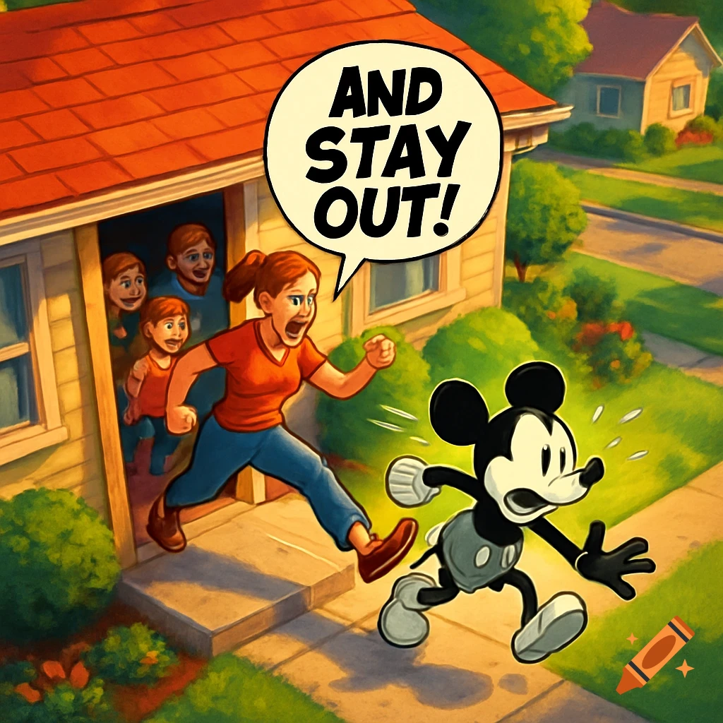 A cartoon woman and her family eject Steamboat Willy Mickey Mouse from their suburban home, with a speech bubble reading 'AND STAY OUT!'.