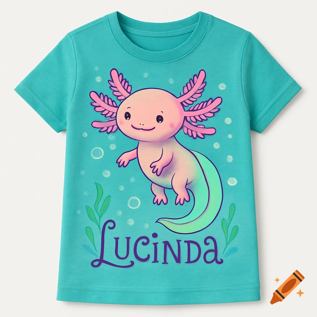 A teal t-shirt featuring a cute pink and green cartoon axolotl illustration with the name "LUCINDA" in purple script below it.