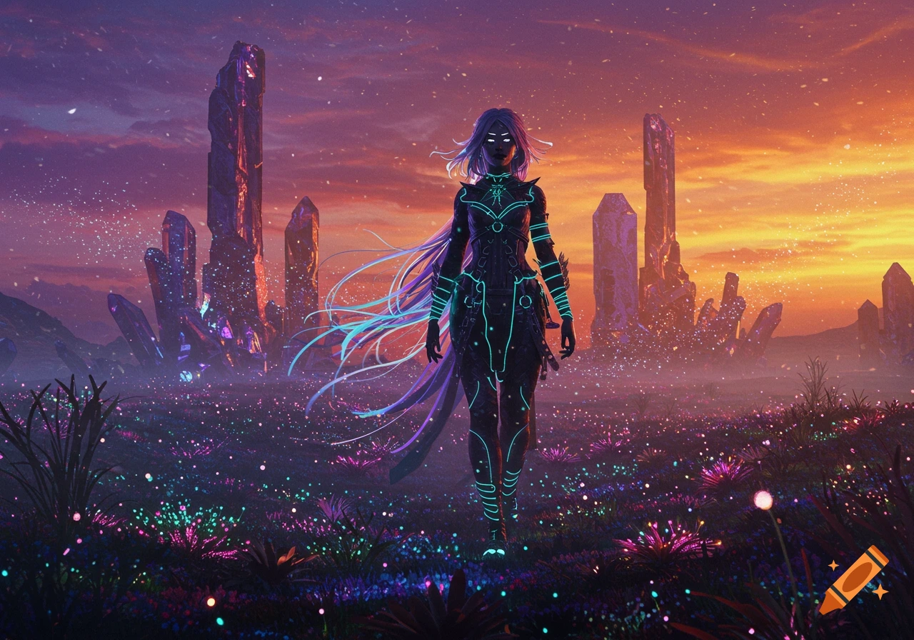 A glowing futuristic warrior with flowing hair stands in an alien landscape with towering crystals and luminous flora under a vibrant sunset sky.