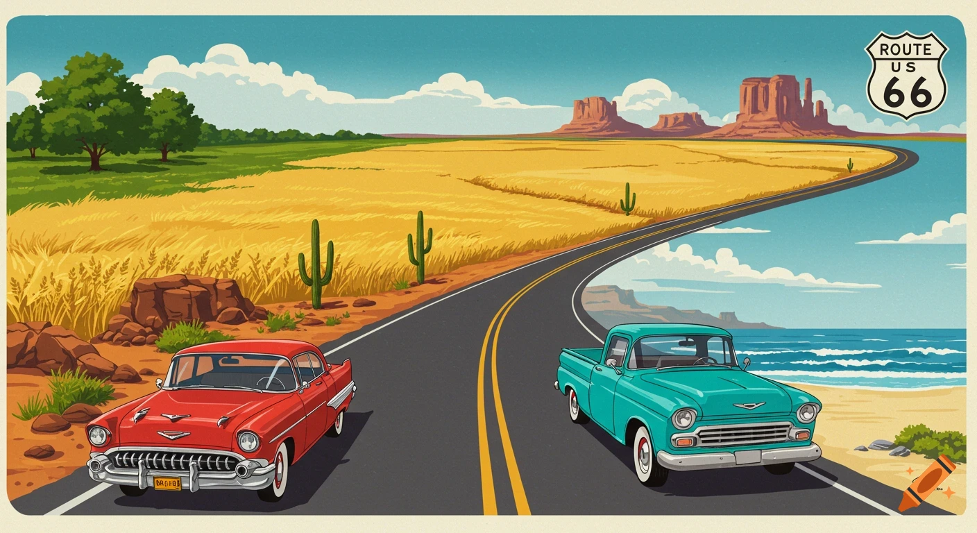 A retro art illustration of Route 66 with a red classic car and a teal classic truck driving through varied landscapes.