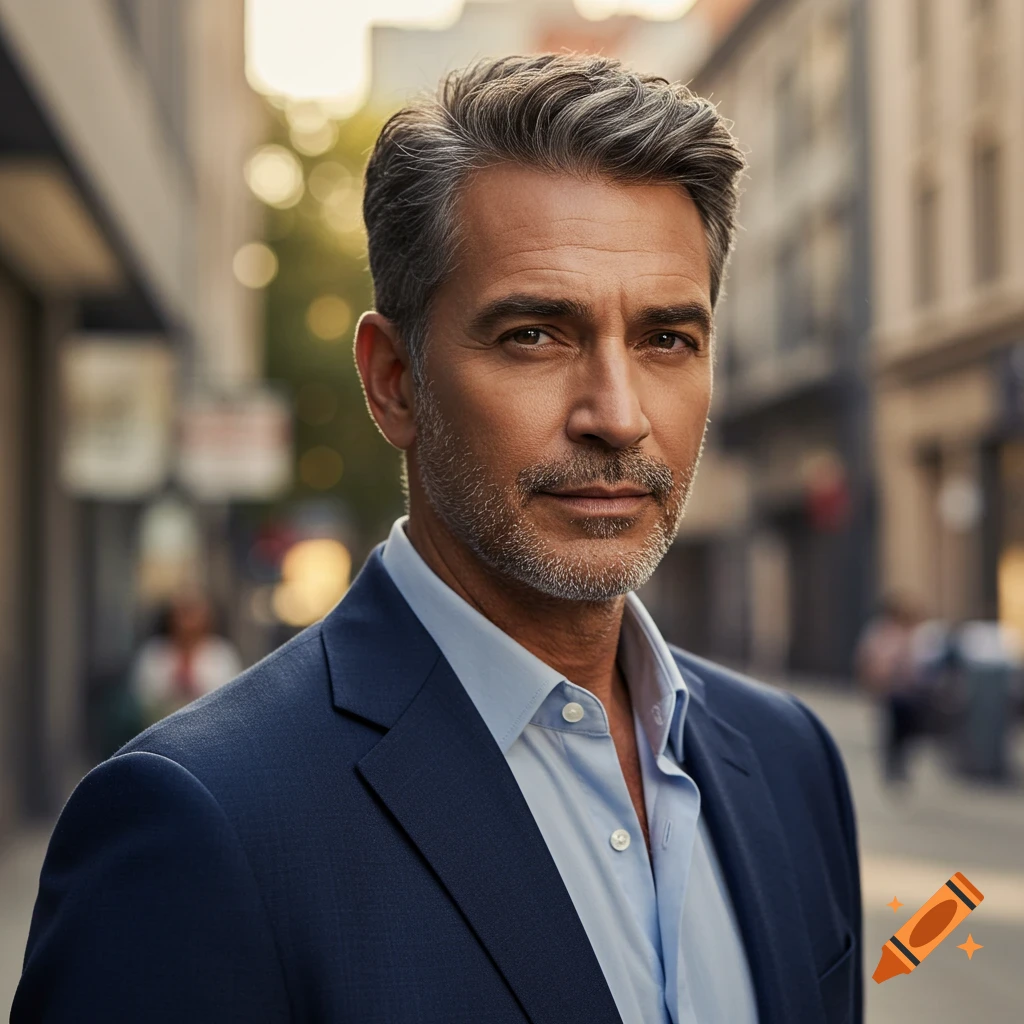 Photorealistic portrait of a handsome middle-aged man with grey hair and a beard, wearing a blue suit, on a city street.