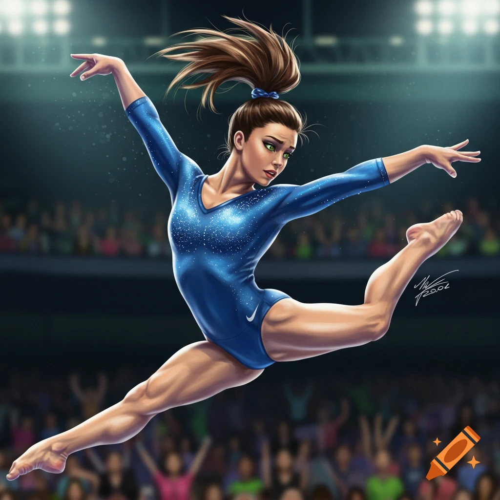 A stylized illustration of a female gymnast in a blue leotard mid-leap, with her arms and legs outstretched, against a dark stadium background with blurred spectators.