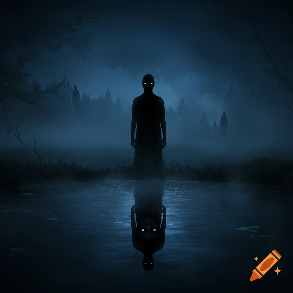 An eerie, dark art image of a shadowy figure with glowing white eyes standing in shallow water, reflecting on the surface. Foggy trees and other figures are in the background.
