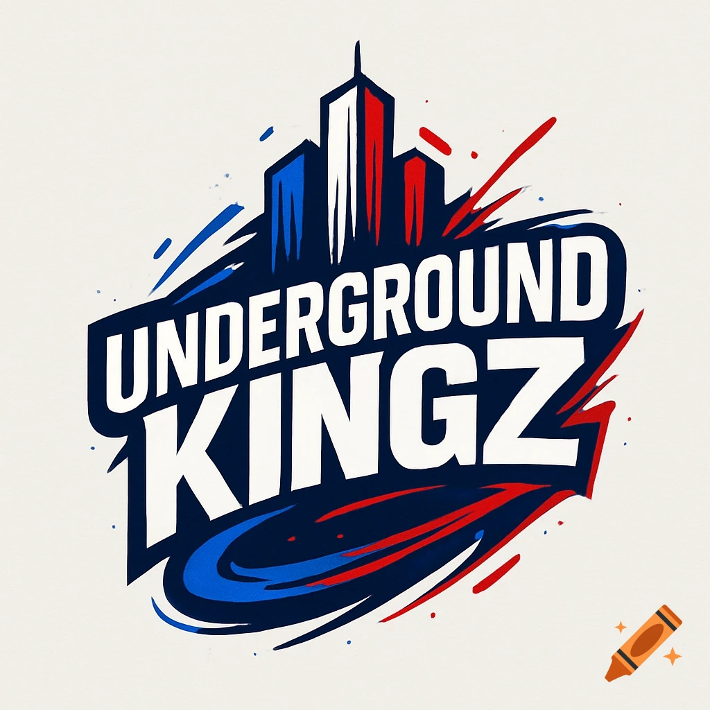 Modern urban logo with 'UNDERGROUND KINGZ' text, stylized cityscape in red, white, blue, and paint splatters.