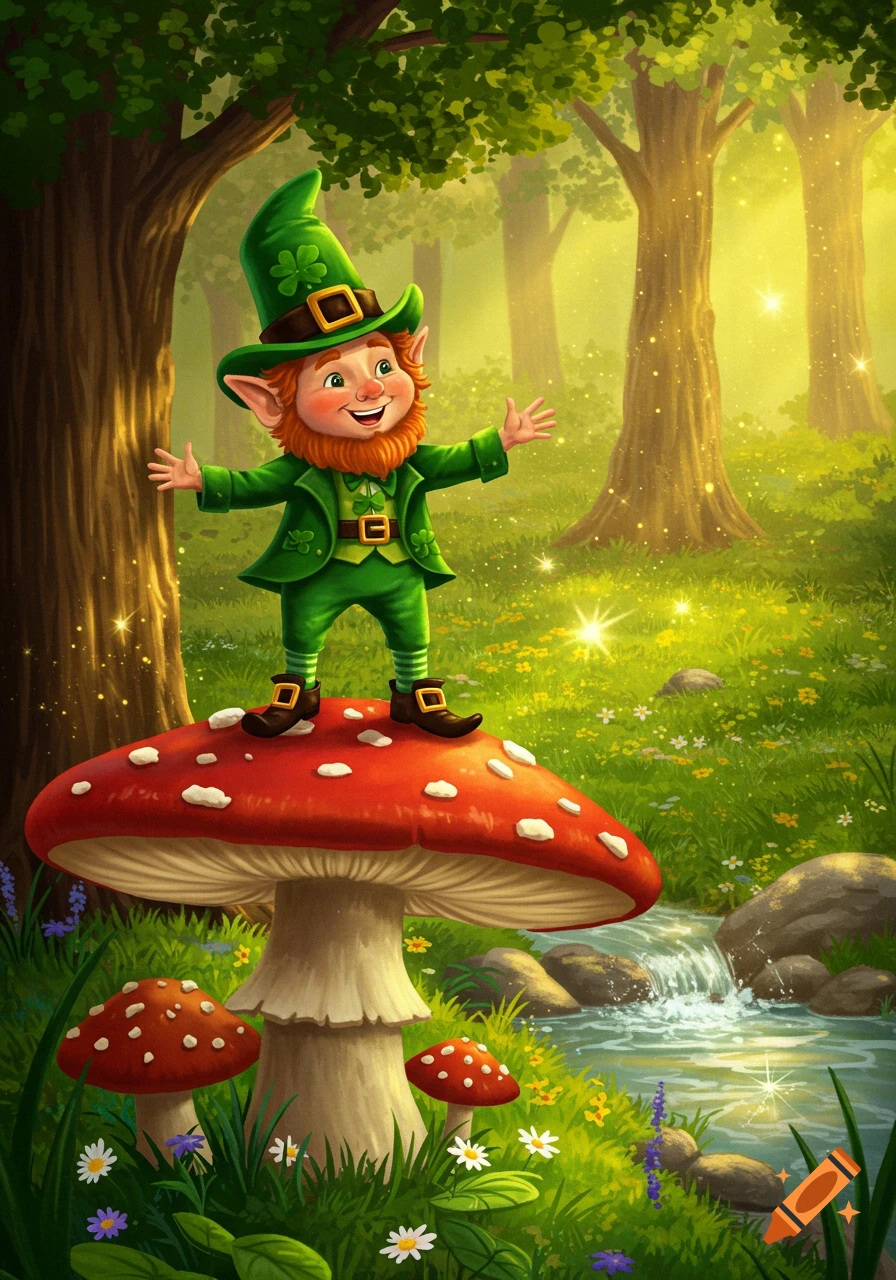 A cheerful leprechaun with a red beard stands on a red mushroom in a vibrant, enchanted forest with a sparkling stream.