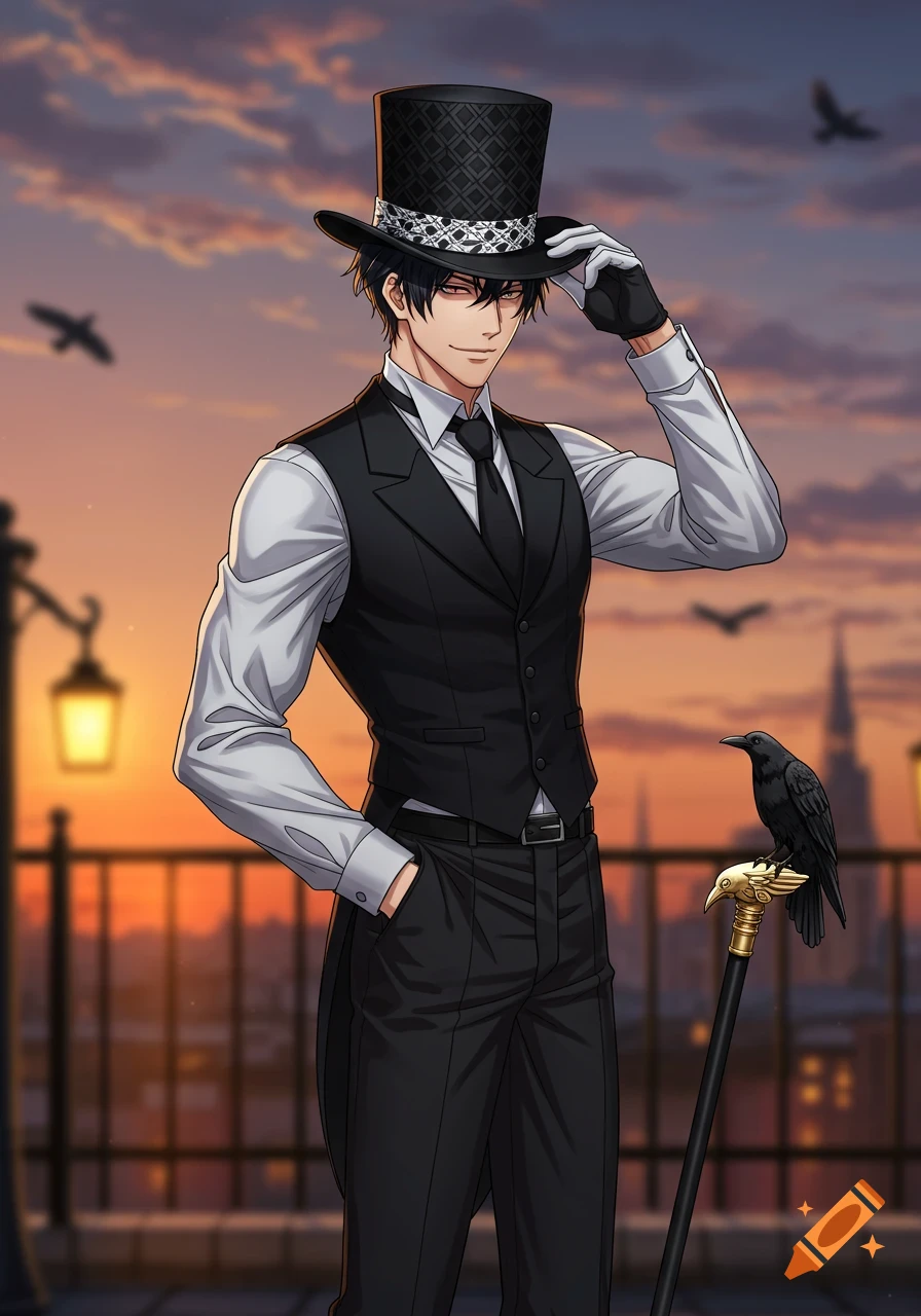 An anime man in a black suit and top hat, tipping his hat, stands on a rooftop at sunset with a crow on his cane.