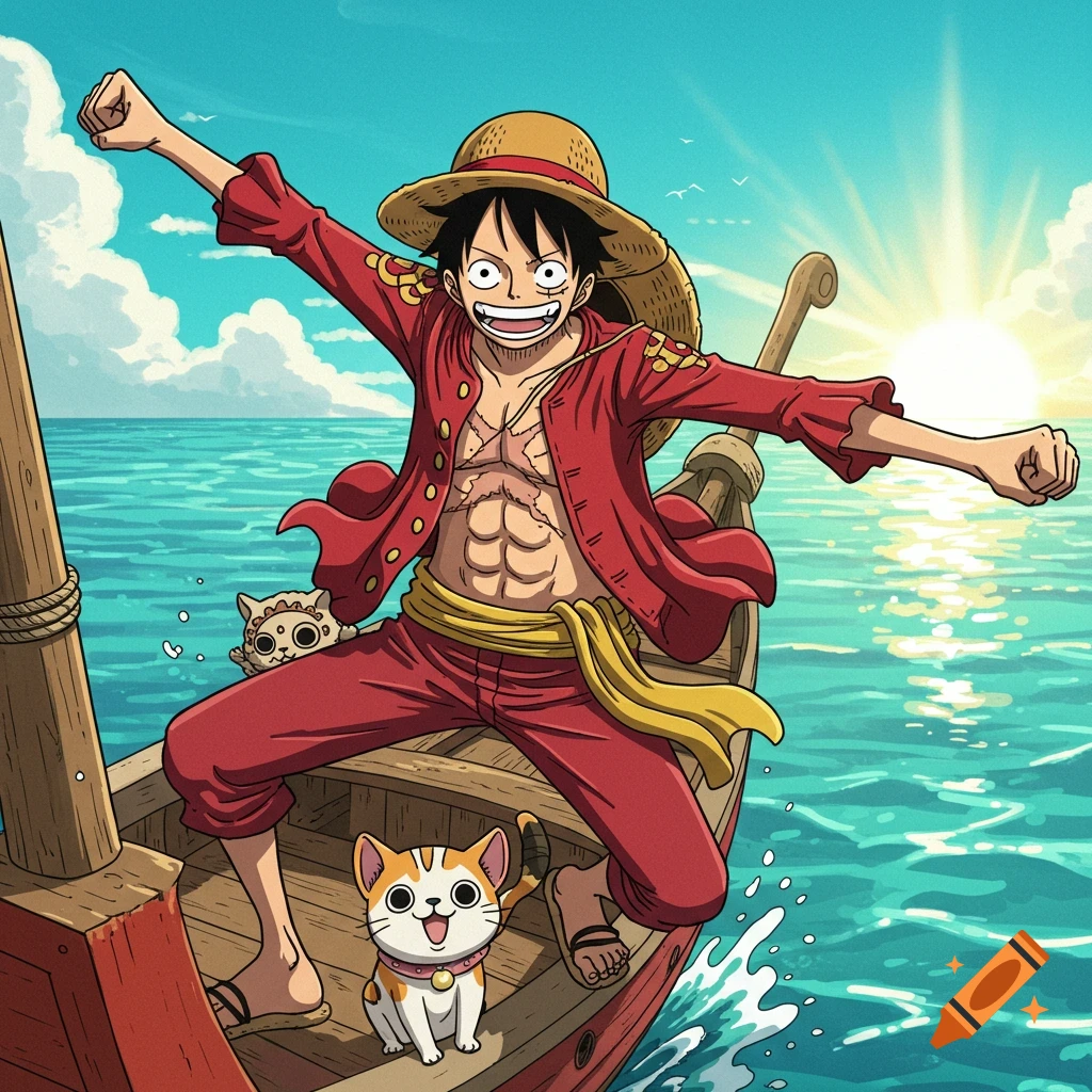 Anime pirate-like character in red on a boat with two cats, sailing on a blue sea at sunrise.