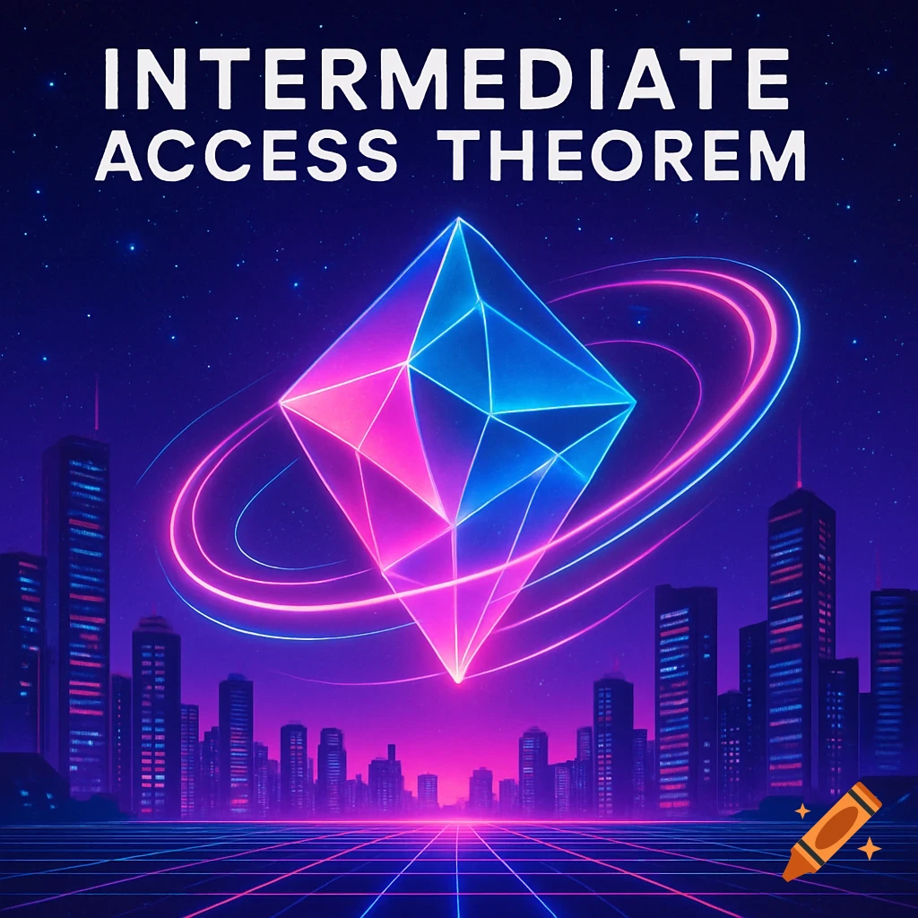 Neon-lit synthwave cityscape at night with a glowing geometric prism and the title 'INTERMEDIATE ACCESS THEOREM'.