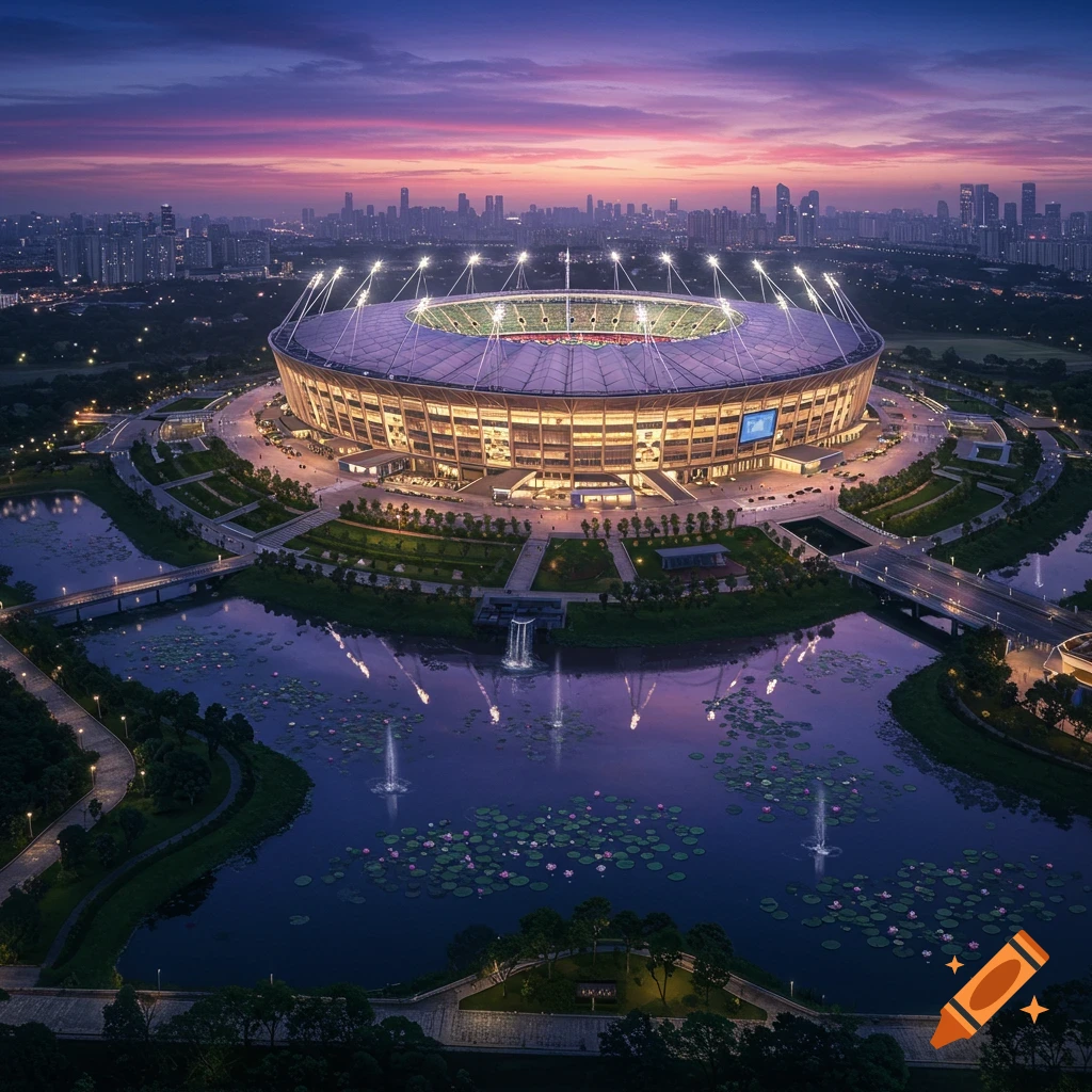 Aerial photorealistic view of a brightly lit stadium at dusk, surrounded by lakes with lily pads and a distant city skyline.
