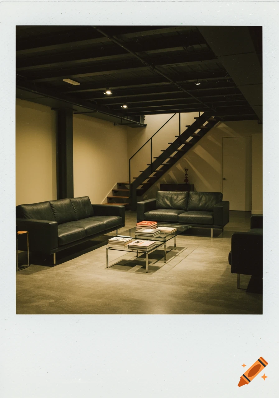 A polaroid photo of a modern basement living room with black leather sofas, a glass coffee table with books, and stairs leading up.