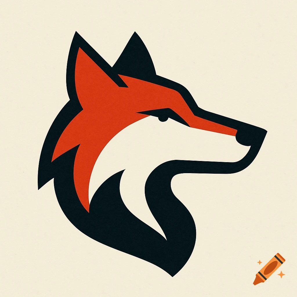 Simplistic red, black, and white abstract logo of a wolf's head in profile against a cream background.