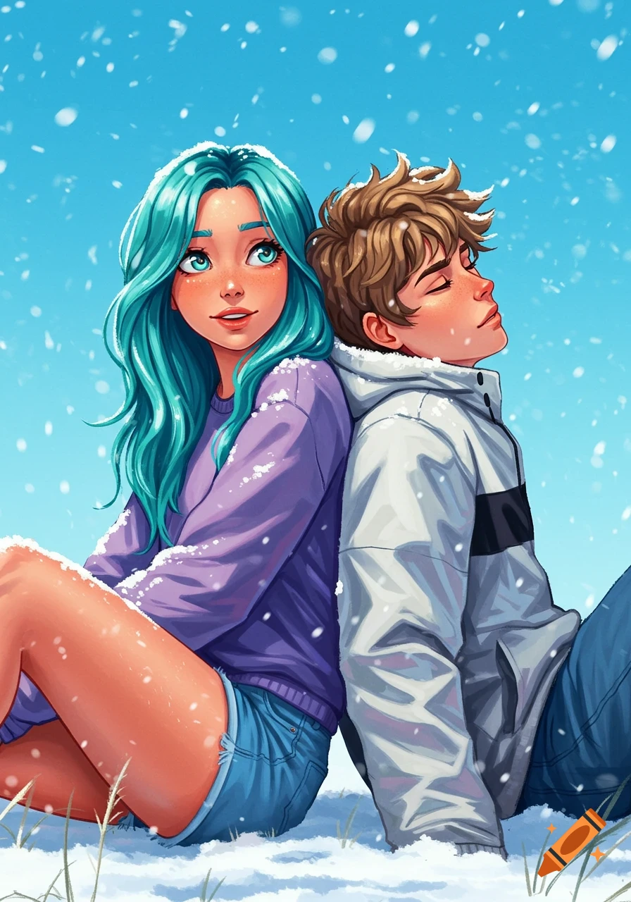 A stylized illustration of a young man and woman with colorful hair sitting back to back in a snowy landscape.