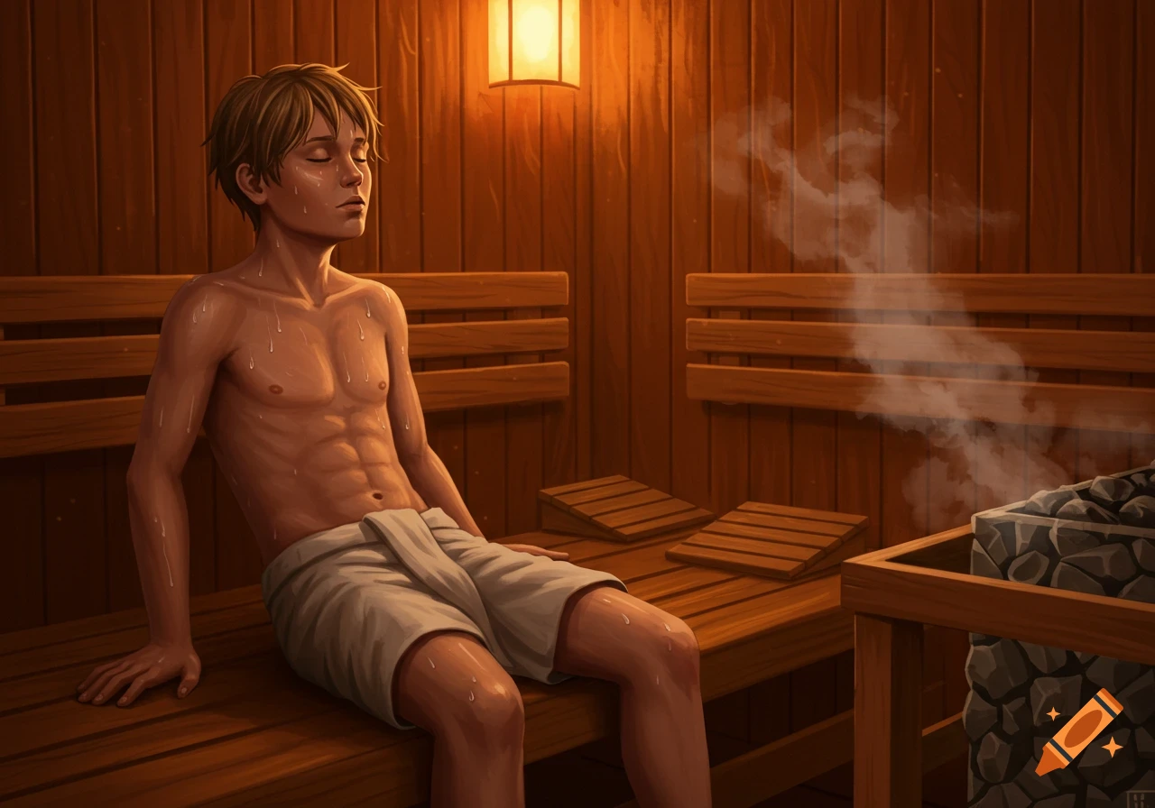 A sweaty anime-style male teenager with eyes closed, relaxing in a wooden sauna with steam rising.