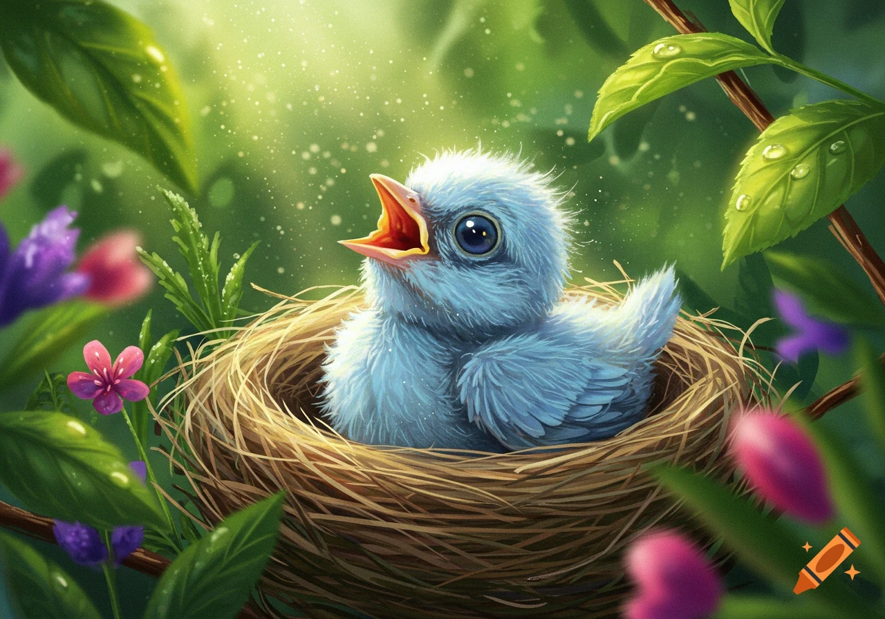 A fluffy blue baby bird with wide eyes and an open beak sits in a nest surrounded by vibrant green foliage and pink flowers.