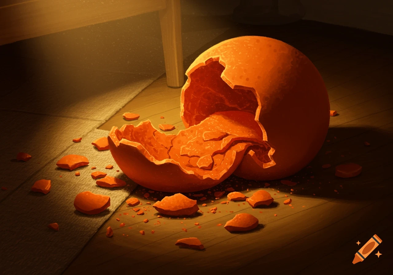 A broken orange stress ball is spilled on a wooden bedroom floor, with light casting from a bed frame.