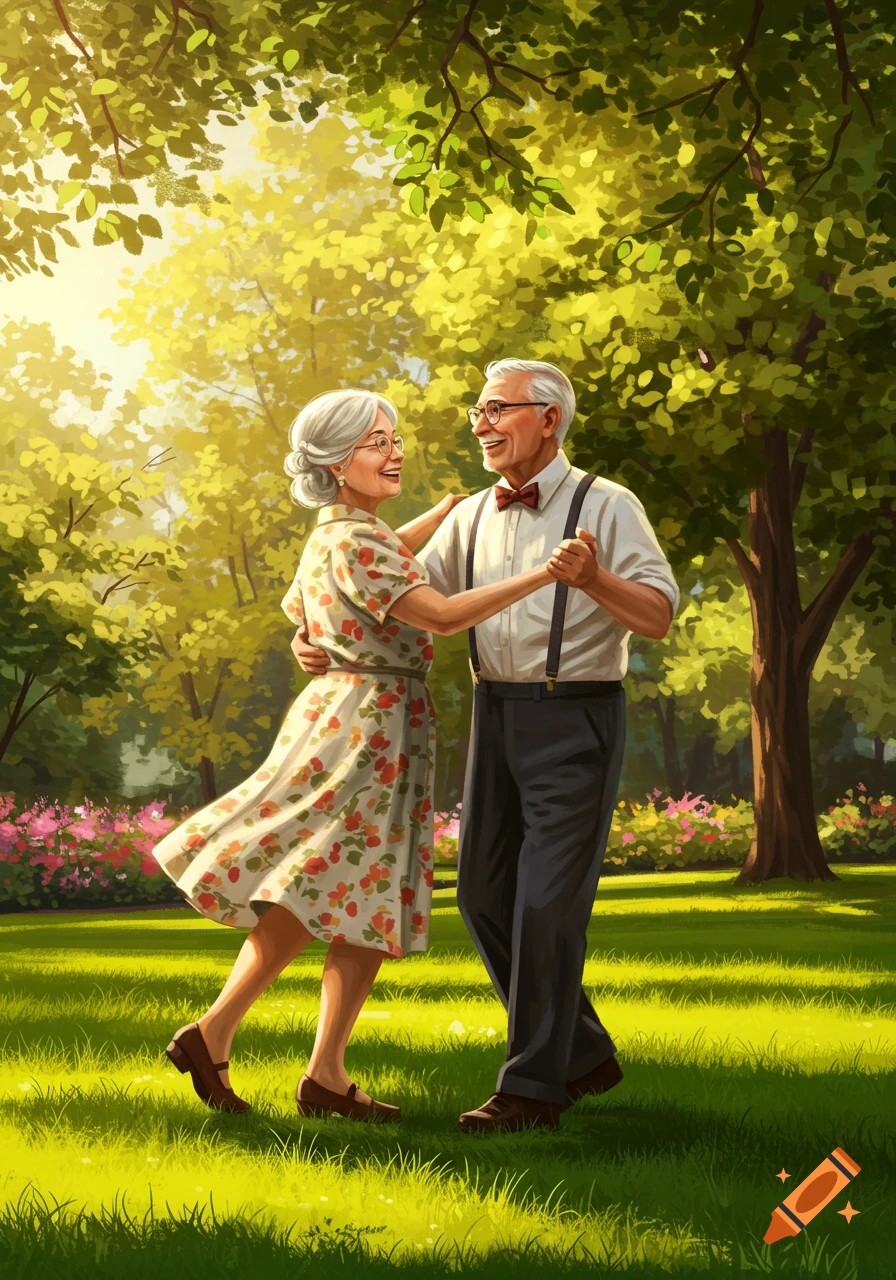 Smiling elderly couple dancing in a sunny park with green grass and trees, in an illustrated style.