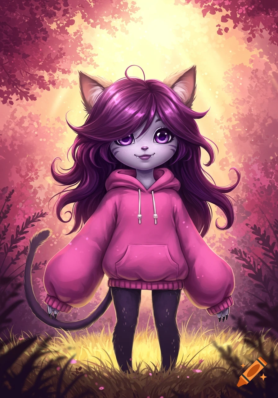 A stylized purple-haired monster girl with cat ears and tail wears a pink hoodie in a glowing fantasy forest.