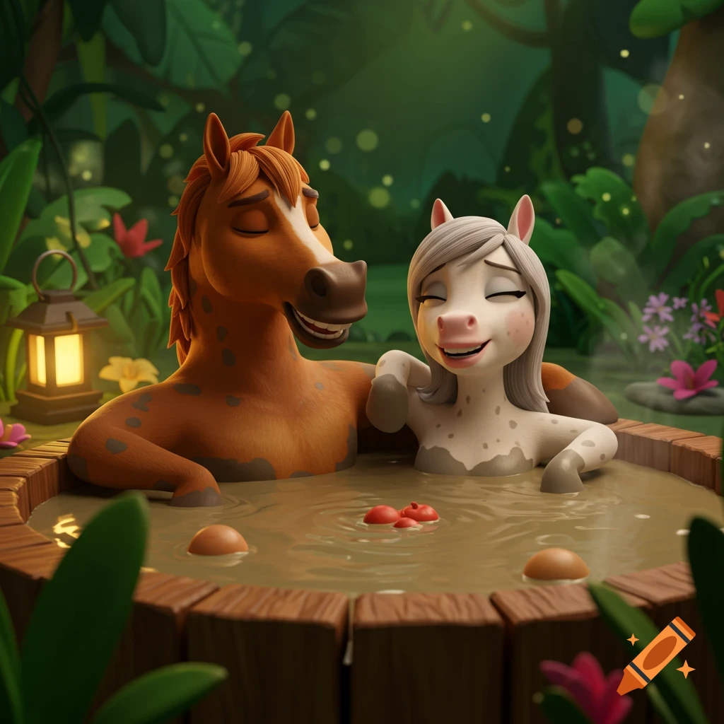 Two anthropomorphic cartoon horses happily relax in a muddy hot tub in a lush jungle setting, 3D animation style.
