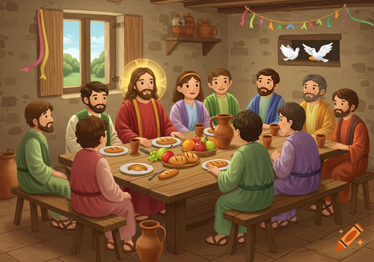 A kid-friendly cartoon drawing of Jesus with a halo and his disciples sitting around a wooden table, sharing bread and fruit.